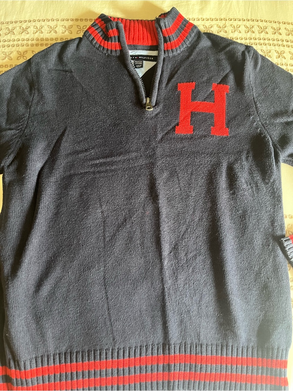 Tommy Hilfiger Navy Zip-Up Sweater with Red Lettering